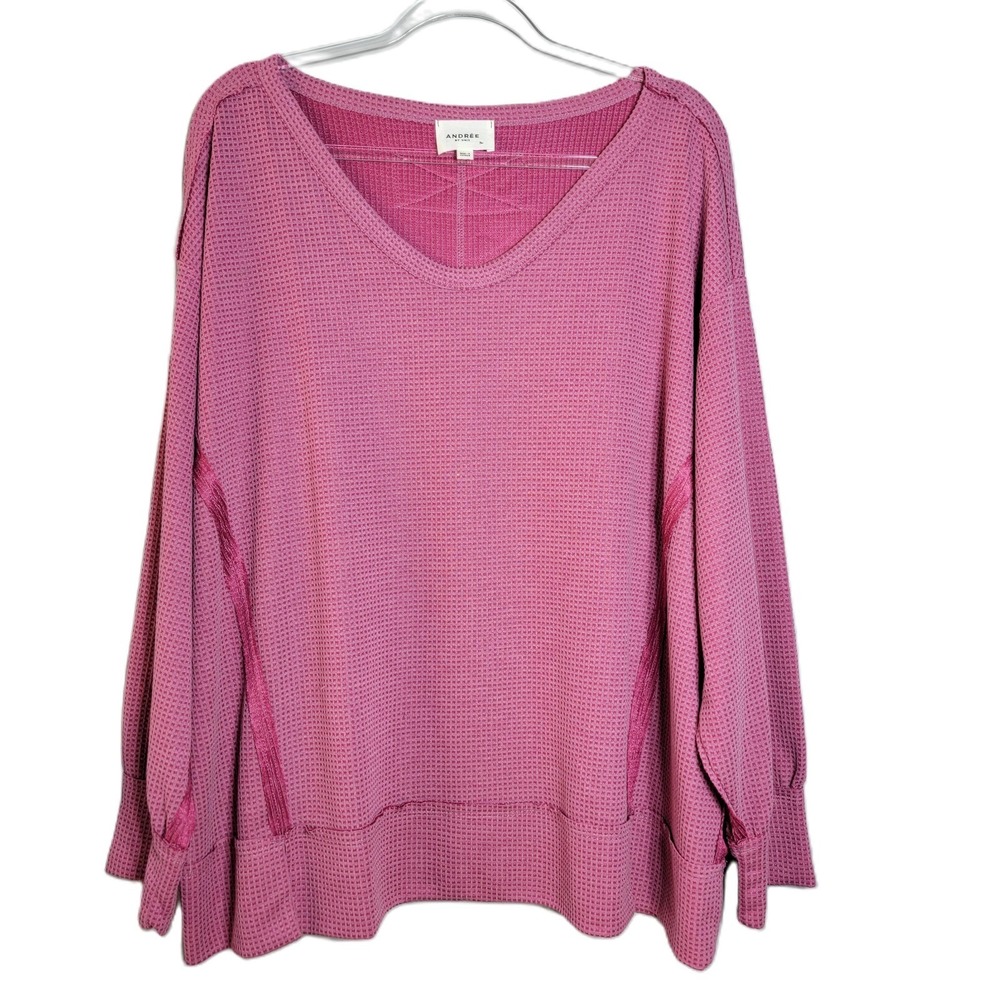 Andree by Unit Womens Top Plus Size 3X Pink Waffle Knit Oversized Sleeve Stretch